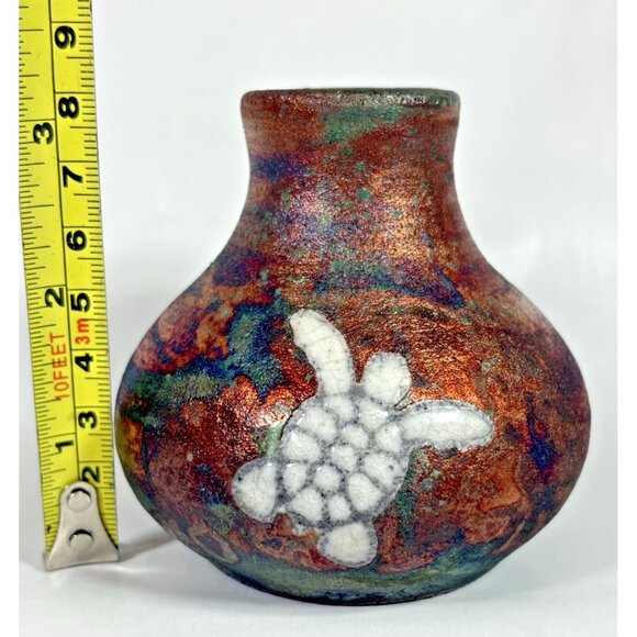 Javier Gayton Art Pottery Raku Orange Green Sea Turtle Small Bud Vase Hawaii - Picture 11 of 11